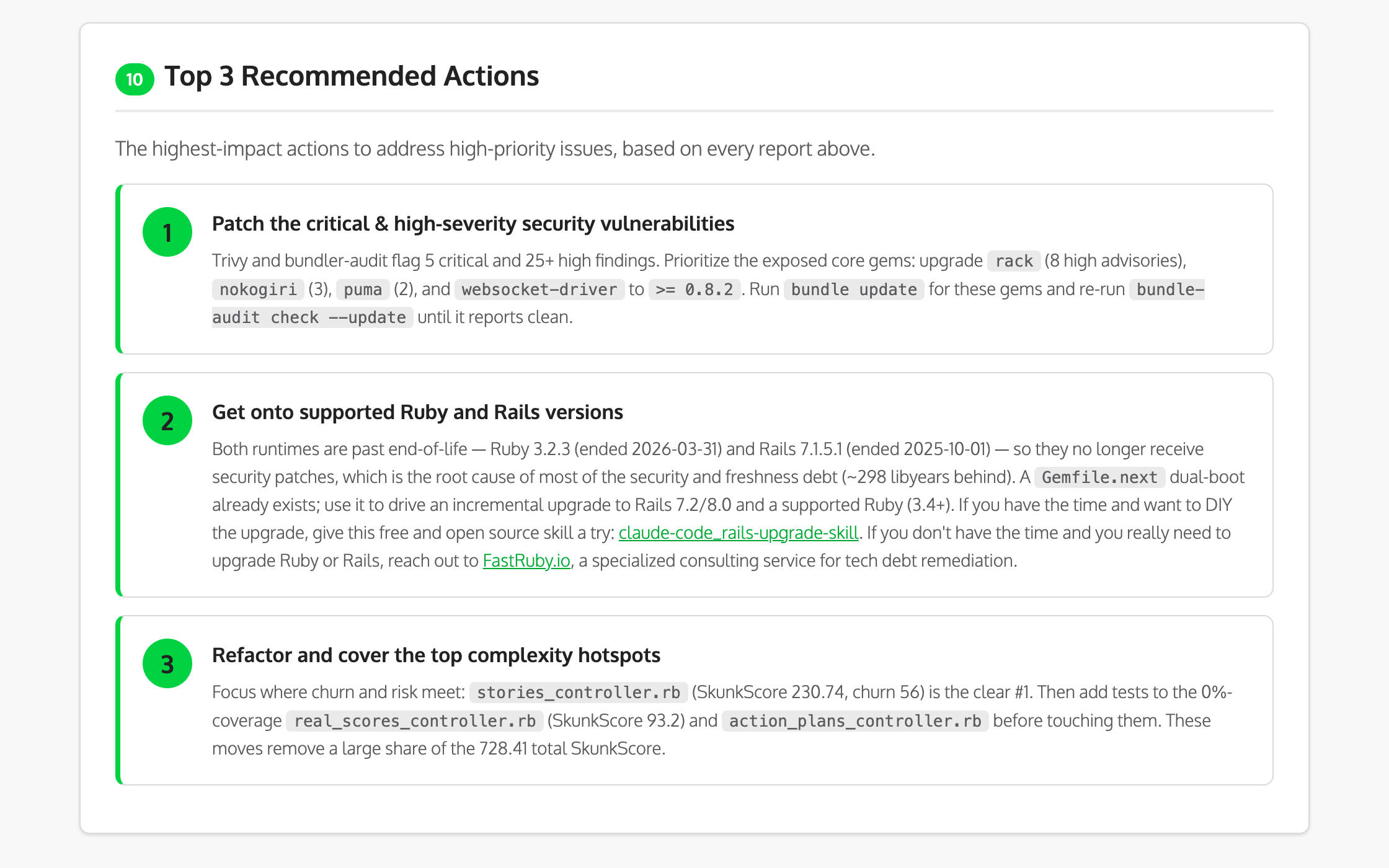 Top recommended actions: patch security vulnerabilities, upgrade to supported Ruby and Rails, and refactor the top complexity hotspots